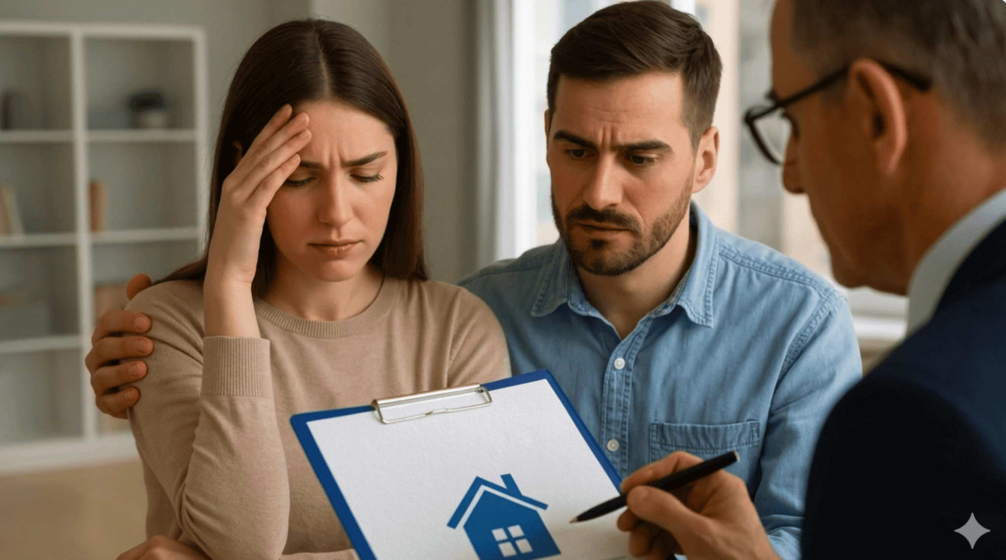Couple stressé face à un agent immobilier